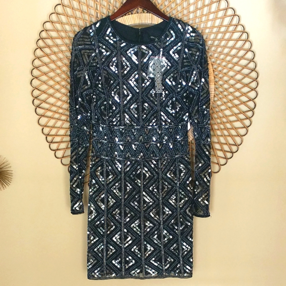 NWT! Gianni Bini Sequined Cocktail Dress Black/Silver Size 6